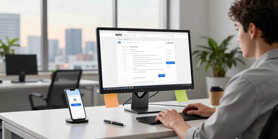 A professional workspace featuring a person using the WPS Official Website on a monitor, showcasing collaborative document editing tools.