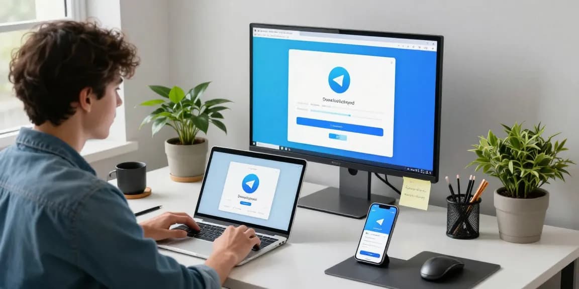 Downloading Telegram app on devices in a modern workspace, showcasing professional multitasking.