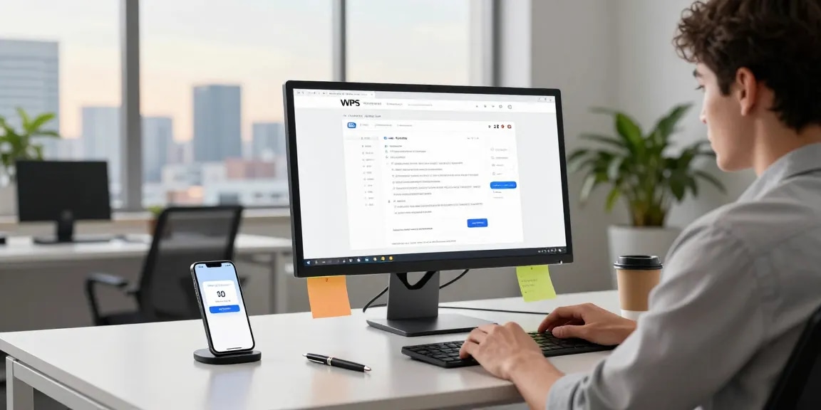 A professional workspace featuring a person using the WPS Official Website on a monitor, showcasing collaborative document editing tools.