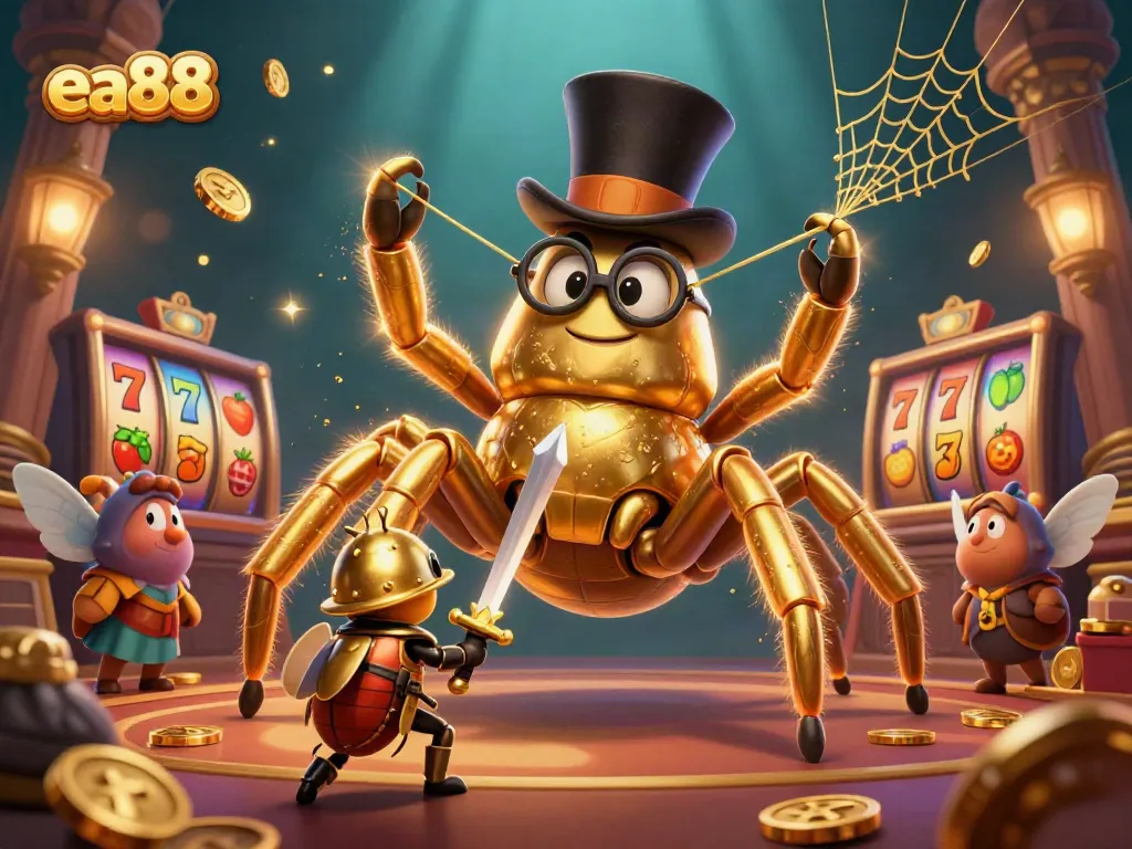Engage in thrilling slots action with ea88 featuring a golden tarantula, beetle knight, and dynamic casino elements.