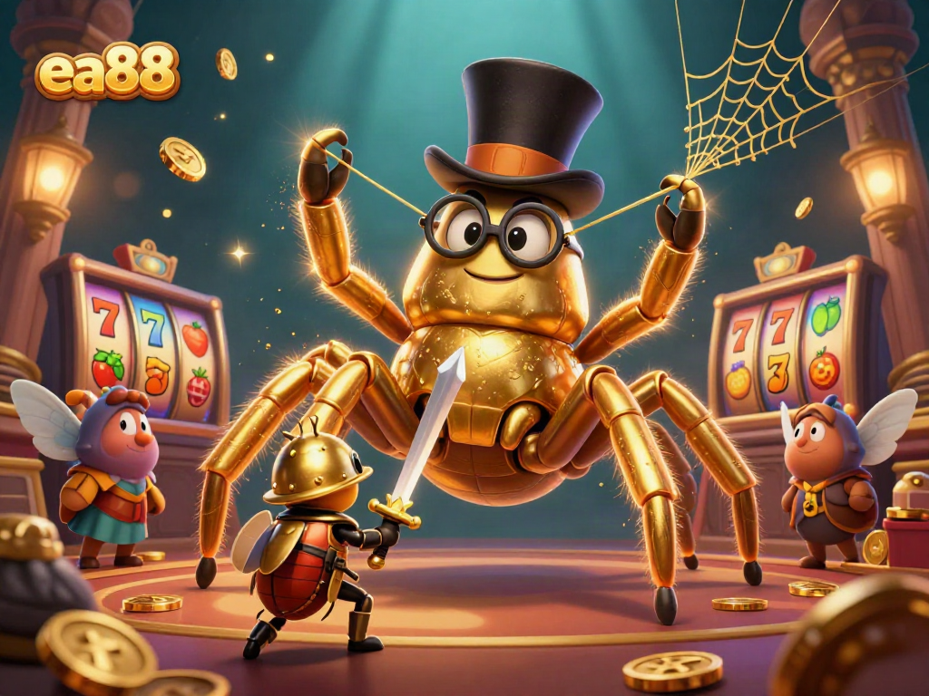 Engage in thrilling slots action with ea88 featuring a golden tarantula, beetle knight, and dynamic casino elements.
