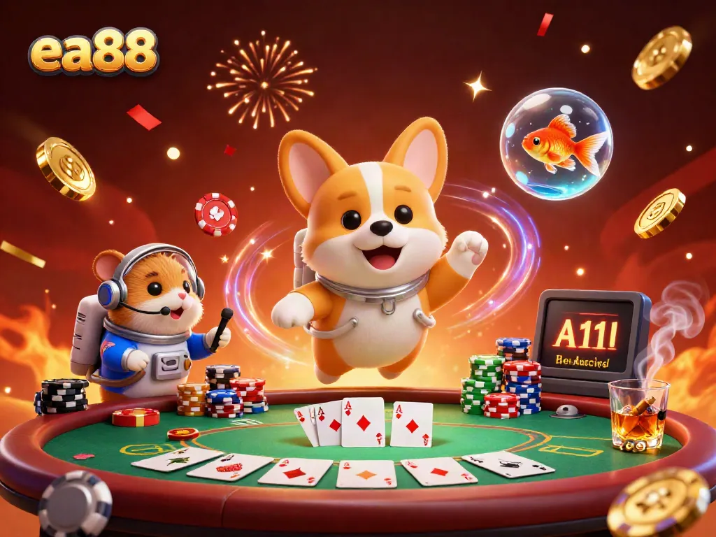 Engage with exciting gaming action at ea88, where a cartoon astronaut corgi explores a floating casino space station.