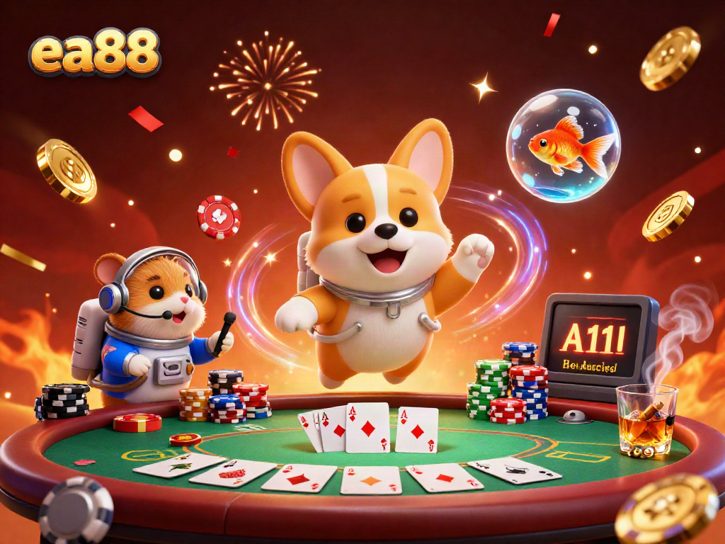 Engage with exciting gaming action at ea88, where a cartoon astronaut corgi explores a floating casino space station.