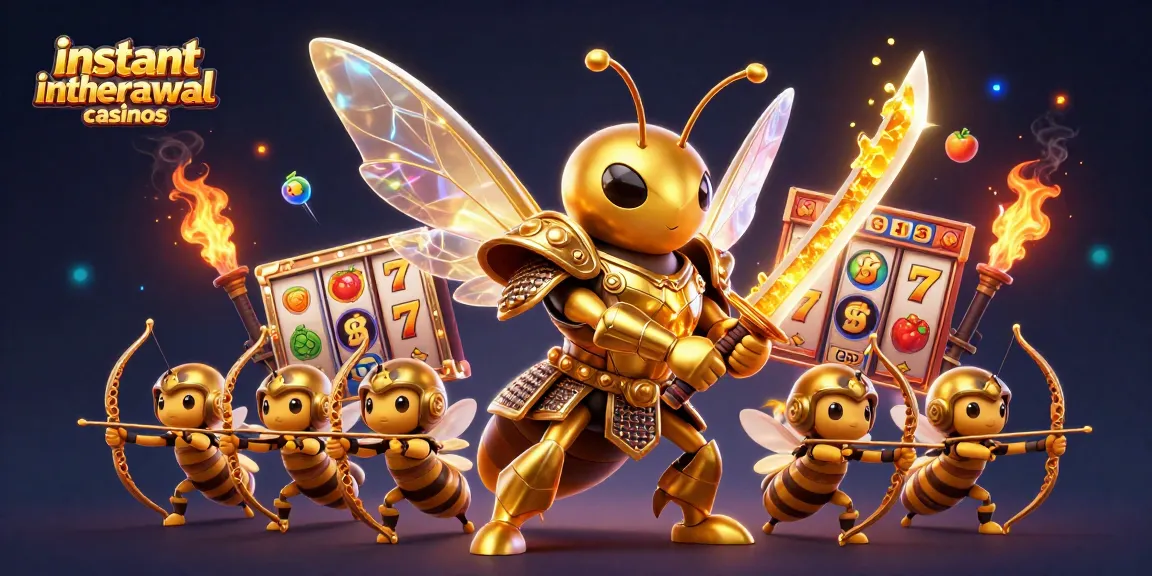 Engage with instant withdrawal casinos featuring a golden hornet samurai and bee archers amid vibrant slot reels.