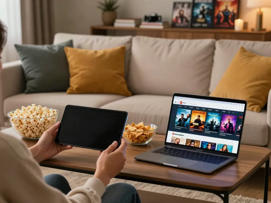 Person enjoying the movie box app on smartphone with snacks in a cozy living room.