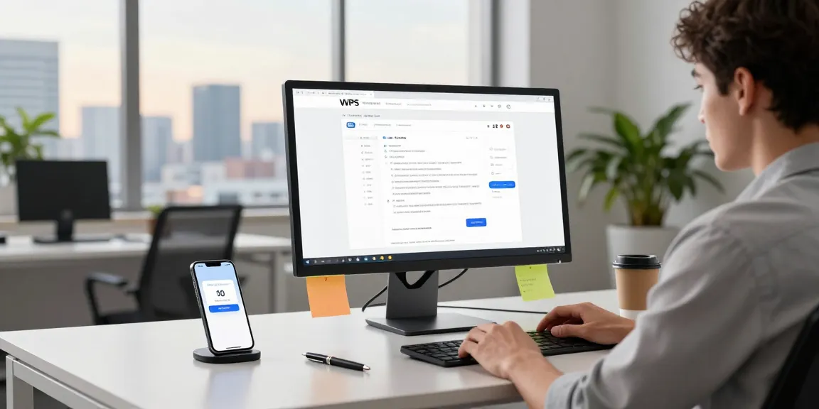 A professional workspace featuring a person using the WPS Official Website on a monitor, showcasing collaborative document editing tools.