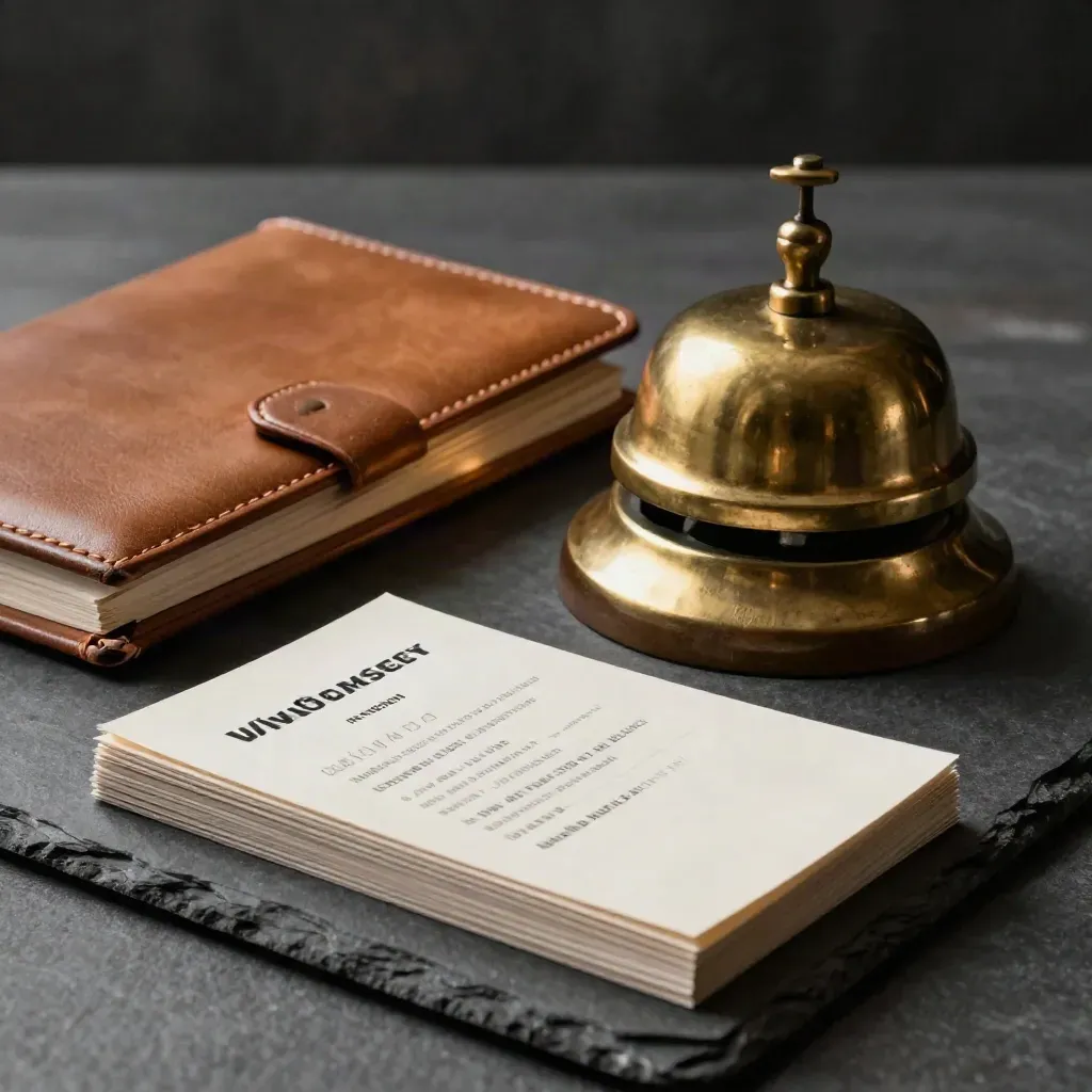 Brass bell, leather interview notebook and candidate cards on dark stone in dramatic studio light