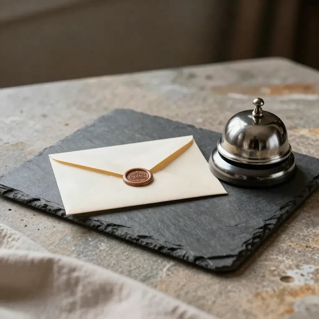 Alarm clock, sealed envelope, and service bell on warm stone in moody close-up
