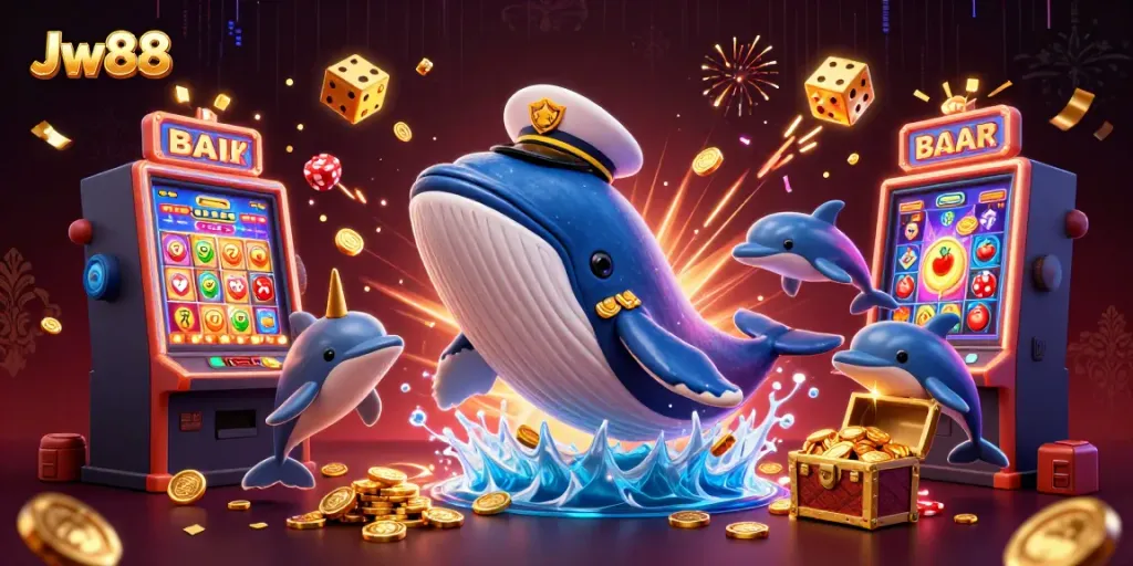 Experience winning at Jw88 with a vibrant illustration of a whimsical casino scene filled with excitement.