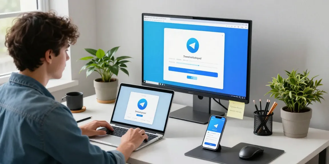 Downloading Telegram app on devices in a modern workspace, showcasing professional multitasking.