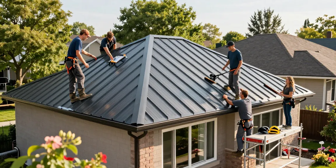 MRoof team installing a durable metal roof on a suburban home, showcasing quality craftsmanship and satisfied homeowners.