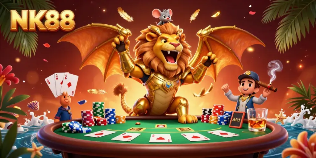 NK88's thrilling casino battle scene with a golden chimera, poker elements, and vibrant colors.