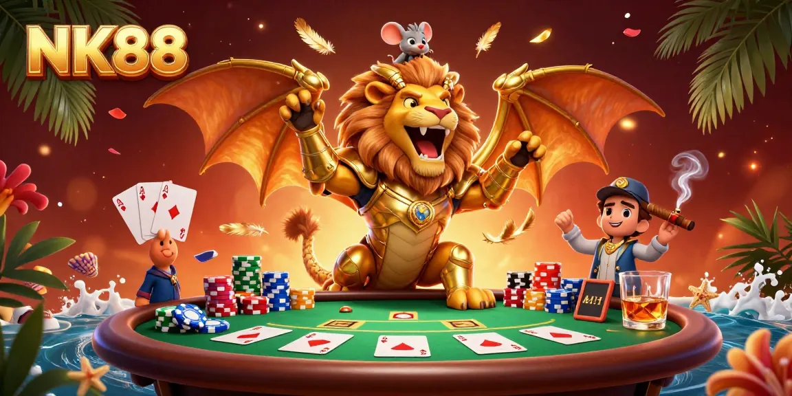 NK88's thrilling casino battle scene with a golden chimera, poker elements, and vibrant colors.