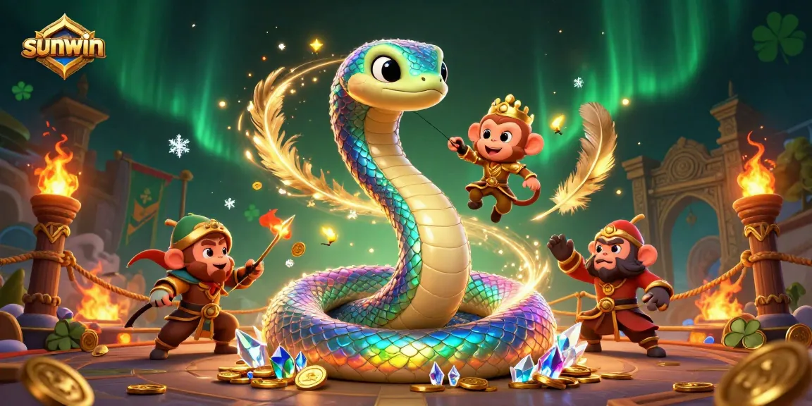 Engage with the vibrant world of sunwin, featuring a playful monkey king and a shimmering rainbow serpent in a dynamic illustration.